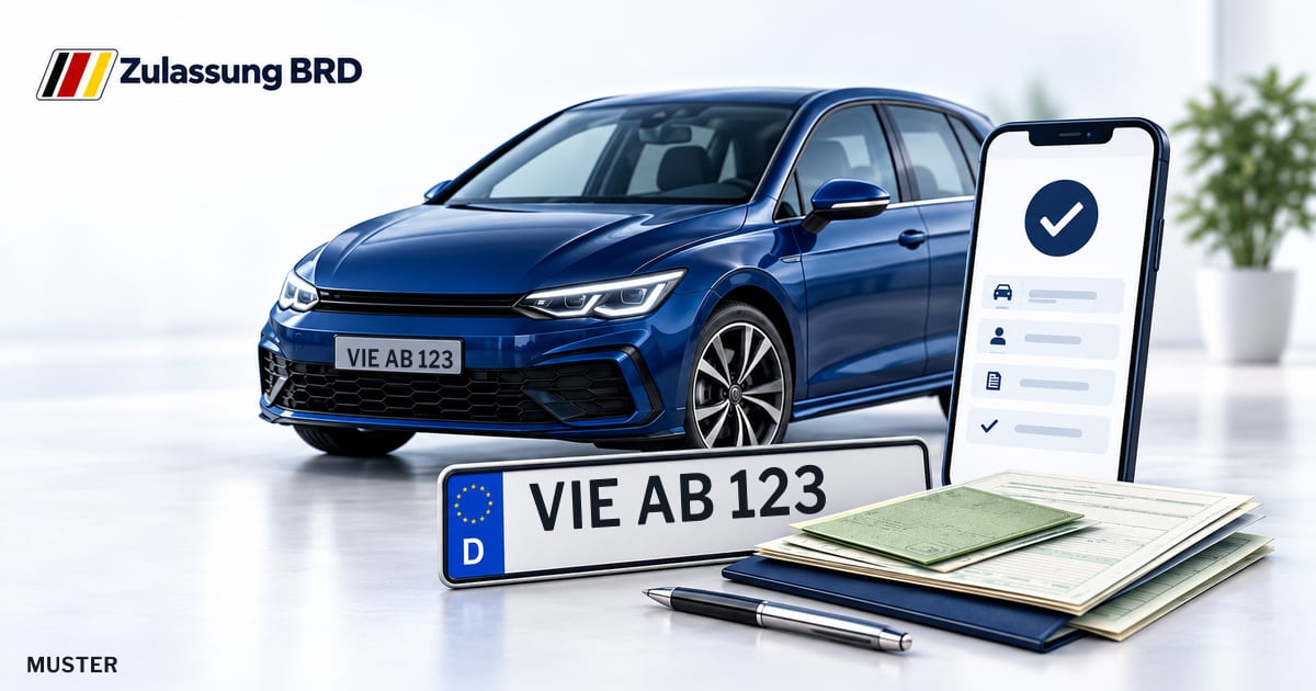 Online Fahrzeugzulassung in Viersen: Musterkennzeichen VIE AB 123, Auto und Fahrzeugpapiere und Smartphone. Illustration mit Logo von Zulassung BRD.